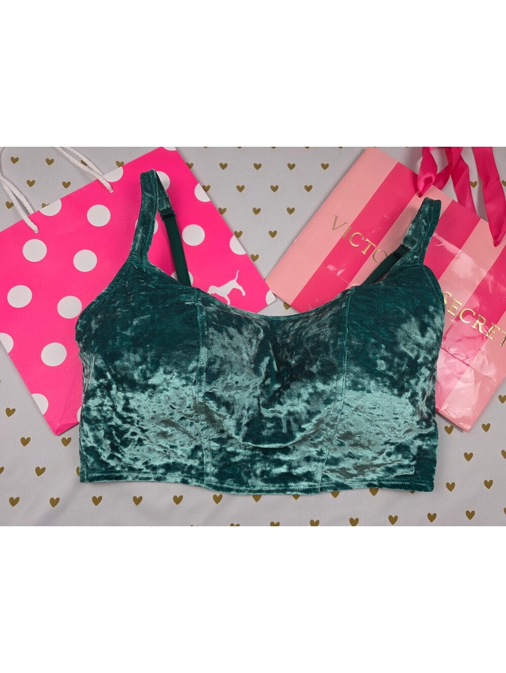 Victorias Secret Pink Crushed Green Velvet Large Bralette Bra Top Tank